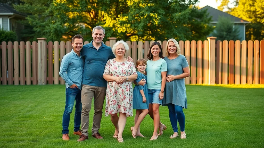 Happy Worcester family in front of fenced yard, clear property boundary markers, photorealistic, residential land, property boundary survey benefits