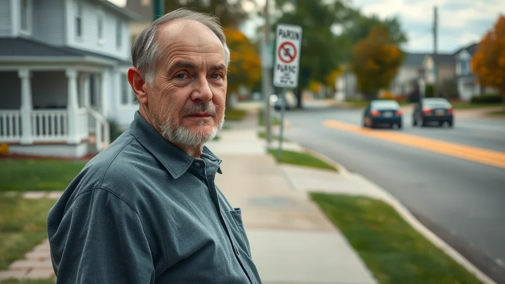 parking ban affects Worcester property survey – resident checking parking signage near property boundary, clear city street, tidy lawns, and passing cars. Photorealistic, Worcester environment, true-to-life textures, subdued color palette.