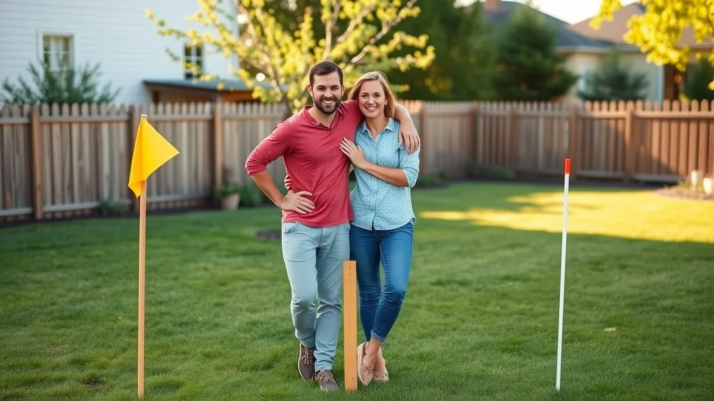 happy Worcester homeowners by new property boundary, survey stake, lush grass, sunlit yard, secure and joyful expressions. Photorealistic, focus on property marker.