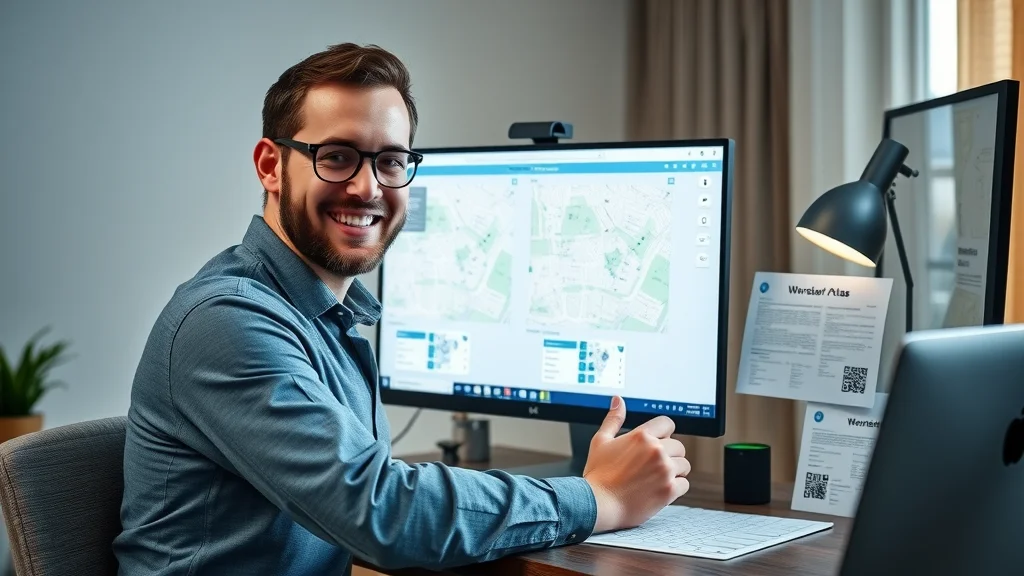 Worcester Atlas on modern computer screen – resident browsing digital property maps, home office setting, permit documents nearby. Photorealistic, cool neutral LED desk lighting, clear screen detail.
